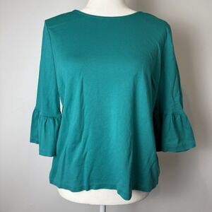 Talbots 3/4 Ruffle Sleeve Top Size Petite XL PXL Teal 100% Cotton Wardrobe Basic